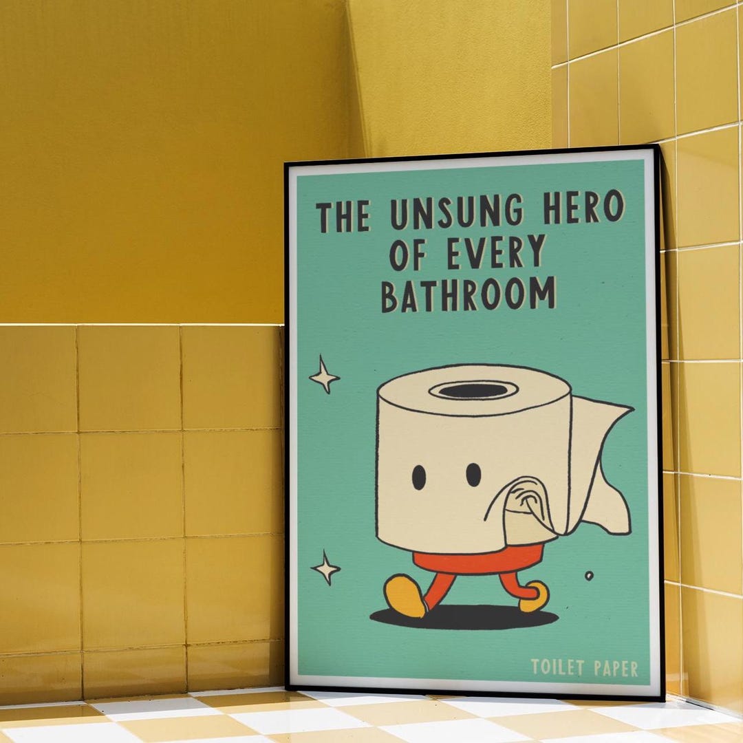 Funny Bathroom Poster: Retro Toilet Paper Hero Art Print, Kids Funny ...