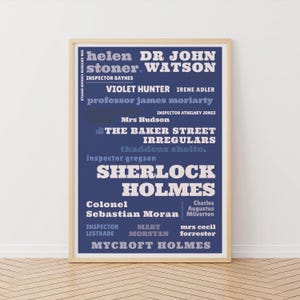 Poster di Sherlock Holmes, stampa tipografica blu, Arthur Conan Doyle, personaggi delle storie di Sherlock Holmes, serie poliziesca, decorazioni letterarie