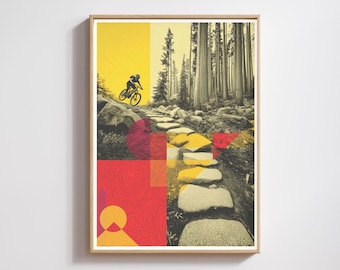 Könnte beinhalten: Gerahmter Kunstdruck mit einem Mountainbiker auf einem Waldweg. Das Kunstwerk kombiniert gelbe und rote geometrische Formen mit einem Steinweg. Der Hintergrund zeigt einen Wald. Der Druck ist in einem Holzrahmen.