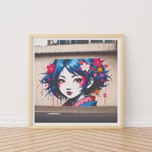 Street art di ragazze giapponesi, poster di graffiti giapponesi, arte urbana fotografica, stampa giapponese moderna, poster di geisha, regalo kawaii, street art