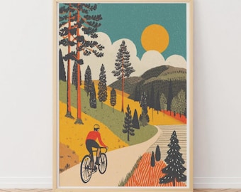 Road Bike Art Print: Cycling Poster, Bike Lover Gift, Textured Country Trail cycling Print with Framed and Unframed Options