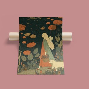 May include: Illustration of a woman with long blonde hair and fairy wings, walking with a white dog through a field of orange flowers. She carries a basket of flowers, wearing a red dress and green cloak. The artwork is rolled up.