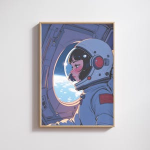 Impresión de chica espacial, astronauta de anime, impresión espacial de chica anime, impresión atmosférica del espacio exterior kawaii, arte ilustrado, arte mural cósmico