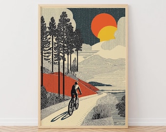 Mountainbike-Kunstdruck: Waldabenteuer, Fahrradgrafik für die Wand