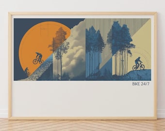 Pode incluir: Impressão artística emoldurada com uma cena de mountain bike. A obra de arte mostra ciclistas em uma trilha, com um grande sol laranja e árvores ao fundo. O texto "BIKE 24/7" está no canto inferior direito.