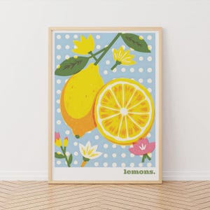 Poster retrò in stile "Riso al limone", arte murale estiva a pois blu, decorazione grafica per cucina, arte della frutta, arte murale retrò, arte anni '50, regalo d'arte gastronomica