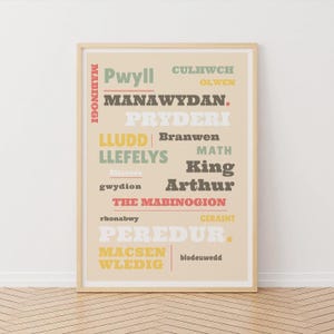 Puede incluir: Un póster enmarcado con un fondo beige presenta texto en varios colores y fuentes. El texto incluye nombres como "Pwyll", "Arthur" y "The Mabinogion". El póster está en un marco de madera y se muestra en una pared de color claro.
