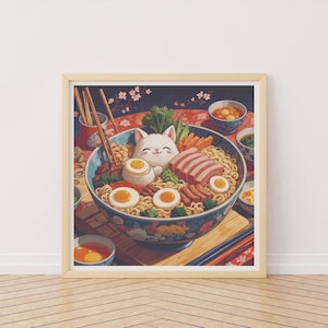 Póster ilustrado de ramen, póster de ramen de gatito kawaii, póster de cocina, arte de fideos, ilustración de comida de anime, comida japonesa, póster kawaii