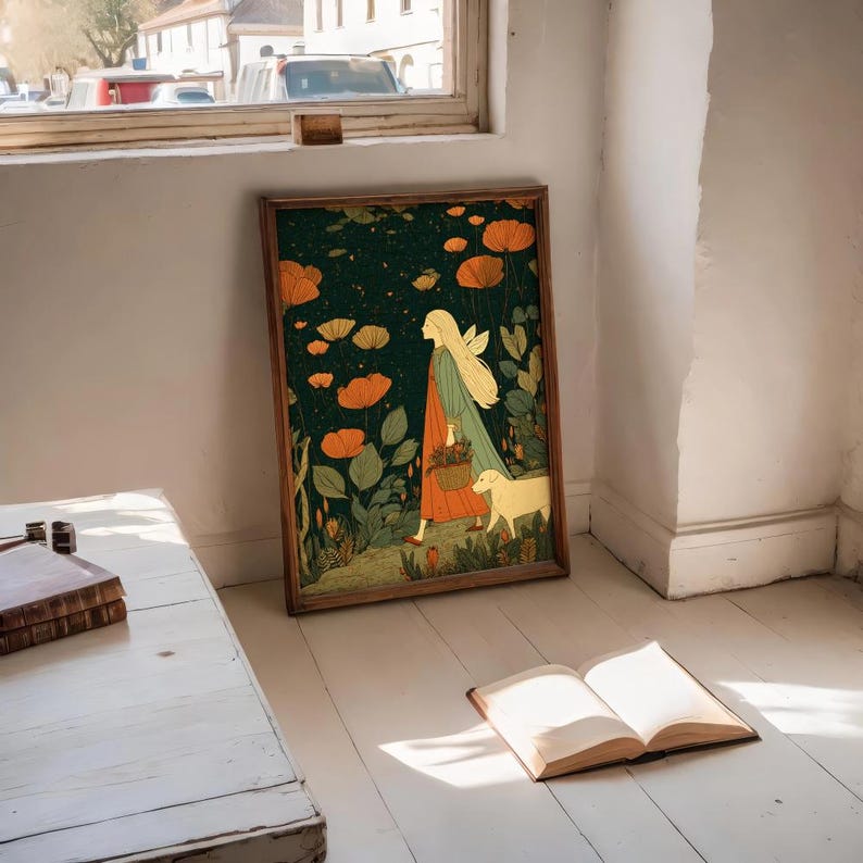 May include: A framed art print depicts a person with long blonde hair and a flowing gown walking with a dog through a field of orange flowers. The artwork is in a wooden frame and is set against a dark green background.
