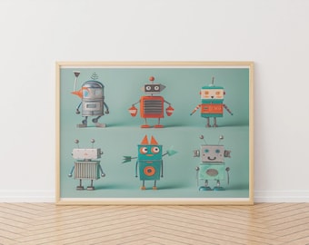 May include: A framed print featuring six colorful robot illustrations. Each robot has a unique design with various shapes, antennas, and details. The robots are set against a light teal background, creating a playful and whimsical aesthetic.