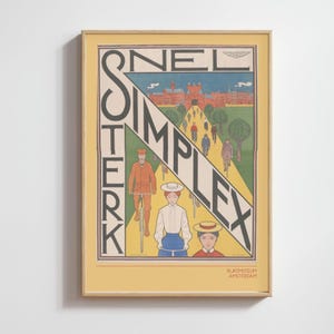 May include: A framed vintage poster with a yellow background and a design promoting bicycles. The poster features the words "SNEL STERK SIMPLEX" in bold lettering, along with illustrations of cyclists and a building in the background. The text "RIJKSMUSEUM AMSTERDAM" is also visible.