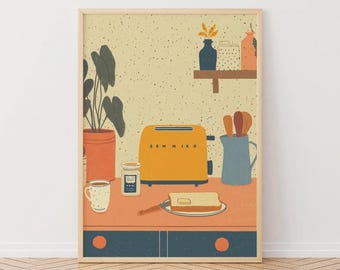 May include: A framed art print depicting a kitchen scene with a yellow toaster, a slice of buttered toast, and a coffee cup. The print includes a plant, a blue pitcher, and the text "SEM MIRU" on the toaster.
