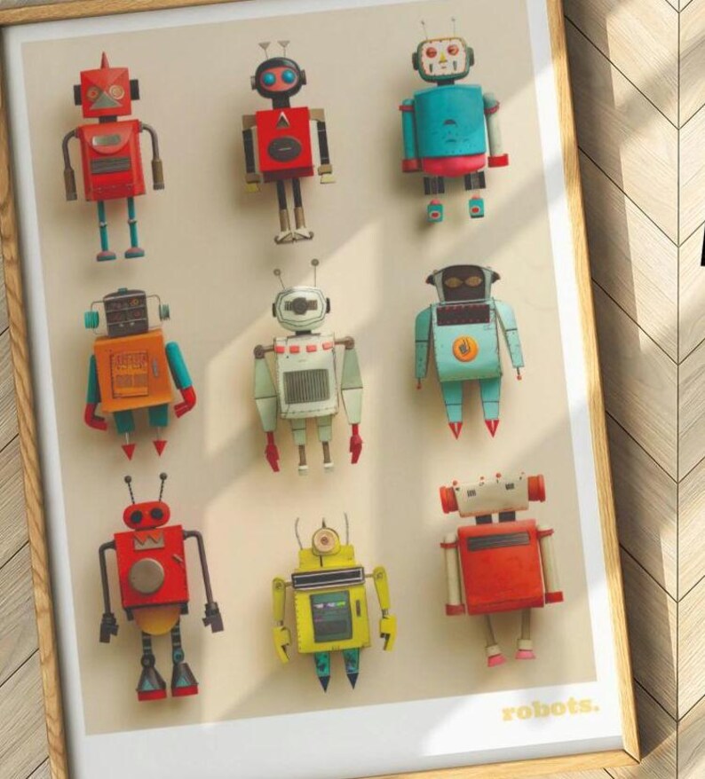 May include: A framed print featuring nine colorful, vintage-style robot illustrations. Each robot has a unique design with various shapes, colors, and details. The word "robots" is printed in a white, sans-serif font at the bottom right.