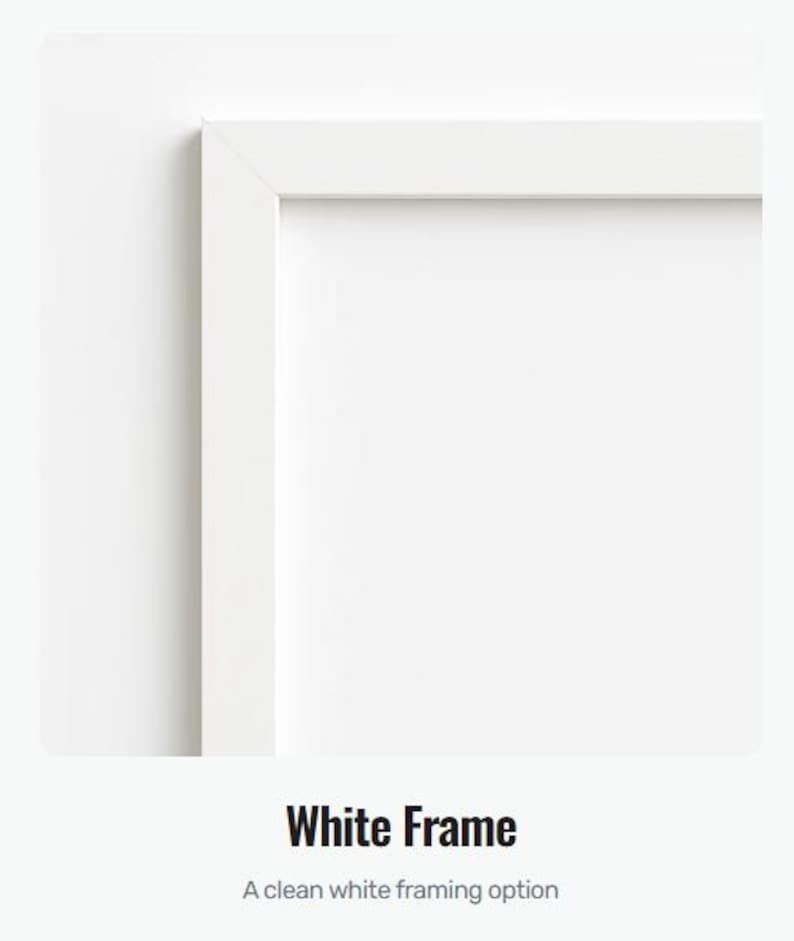 May include: A close-up of a white picture frame with a clean, modern design. The frame is a bright white color and has a simple, rectangular shape. The text "White Frame" and "A clean white framing option" are at the bottom.