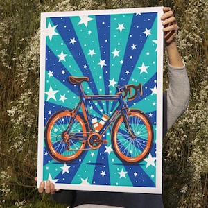 Poster di bicicletta da corsa audace, decorazione murale per bici blu e arancione, decorazione da ciclismo in stile serigrafia, regalo per gli appassionati di ciclismo, stampa sportiva di bici da corsa