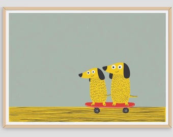 Skateboarding Dog Art, Kid's Illustrated Wall Poster