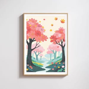 Impresión de árbol, impresión gráfica de naturaleza, impresión de flores, impresión de bosque, arte de árbol, impresión, arte ilustrado, póster rosa, arte para sala de estar, decoración de guardería