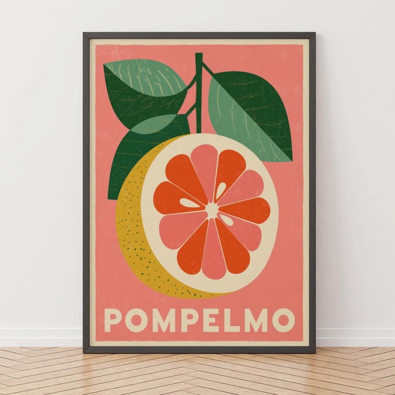 Grapefruit Italian Kitchen Print | Mid-century Risograph Citrus Art ...