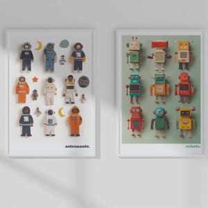 Coppia di stampe, tema astronauti e robot, offerta di 2 stampe, set di poster di avventure per ragazzi, poster di spazio e scienza, stampe artistiche per la sala giochi, arte