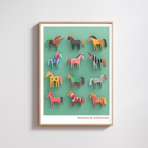 Impresión de caballo y unicornio, impresión de criaturas mágicas para niños, arte infantil, caballos pintados, arte divertido de unicornio, amante de los caballos, arte fotográfico, impresión infantil