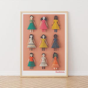 Stampa artistica di bambole di moda, decorazione da parete retrò, stampa di bambole di carta, arte popolare, stampa collage, arte della diversità, decorazione da parete per ragazze, stampa illustrata