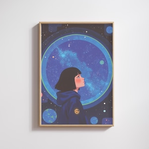 Stampa di ragazza fantascientifica, decorazione murale anime, stampa spaziale di ragazza anime, stampa atmosferica kawaii dello spazio, arte illustrata, arte murale cosmica