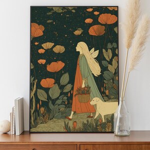 May include: A framed art print depicts a woman with long blonde hair and a flowing dress, walking with a dog through a field of orange and yellow flowers. She carries a basket of flowers. The background is a dark green with more flowers.