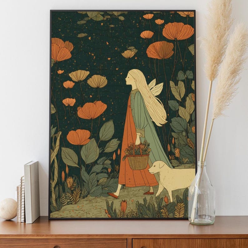 May include: A framed art print depicts a woman with long blonde hair and a flowing dress, walking with a dog through a field of orange and yellow flowers. She carries a basket of flowers. The background is a dark green with more flowers.