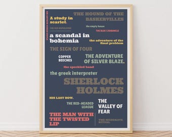 Reading Gift - Sherlock Holmes Story Titles Print: Arthur Conan Doyle Typographic Poster- Victorian Detective Print- Book Lover Art