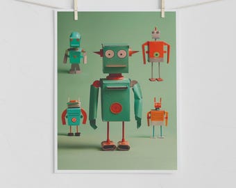 Puede incluir: Una impresión que presenta cinco figuras de robots hechas a mano en una variedad de colores sobre un fondo verde. Los robots están construidos con cartón y pintados en tonos de verde, naranja y rojo. Los robots tienen diferentes formas y tamaños, con varias antenas y diseños de cuerpo.