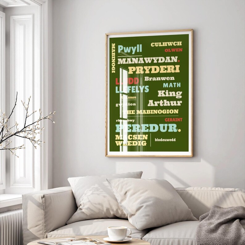 May include: A framed poster with a green background and text in various colors. The text includes names like "Pwyll," "Manawydan," and "Pryderi." The poster is hanging on a white wall above a beige sofa.