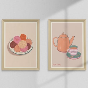 Coppia di stampe, stampa di tè e biscotti, offerta set di 2 stampe, stampe artistiche da cucina, graziosa teiera illustrata e piatto di biscotti, offerta stampa artistica