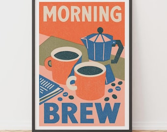 Morning Brew Coffee Print | Mid-Century Modern Risograph Kitchen Art