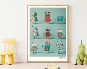 May include: A framed print featuring nine colorful robot illustrations against a light teal background. The robots are in various shapes and colors, with antennas and other details. The word "robots" is printed in orange at the bottom right.