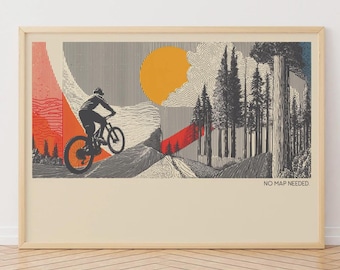 Pode incluir: Impressão emoldurada com um ciclista de montanha contra uma paisagem estilizada. A obra de arte inclui um sol amarelo, detalhes em vermelho e laranja e uma cena de floresta. O texto "NO MAP NEEDED" está na parte inferior.