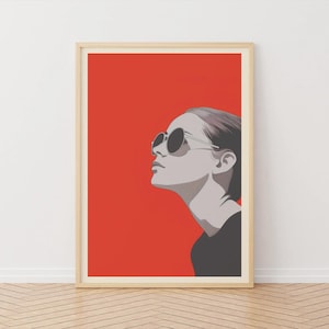 Stampa artistica di donna moderna, stampa artistica grafica rossa, immagine moderna di donna con occhiali da sole, ritratto artistico elegante, stampa di ritratto in bianco e nero, arte
