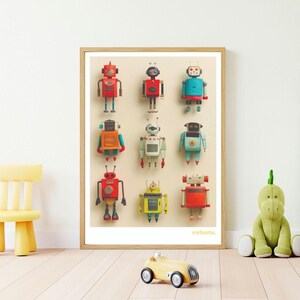 May include: A framed print featuring nine colorful robot illustrations. Each robot has a unique design with various colors like red, blue, yellow, and orange. The word "robots" is printed at the bottom. The print is displayed on a light-colored wall.