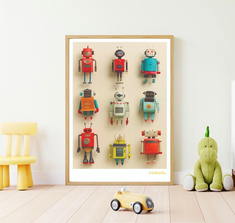 May include: A framed print featuring nine colorful robot illustrations. Each robot has a unique design with various colors like red, blue, yellow, and orange. The word "robots" is printed at the bottom. The print is displayed on a light-colored wall.