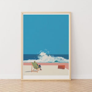 Puede incluir: Una impresión artística enmarcada representa a una persona en una silla de playa a rayas, frente al mar. Una gran ola rompe en el fondo bajo un cielo azul brillante. Un pequeño rectángulo rojo está a la derecha de la silla. La obra tiene un estilo minimalista y retro.