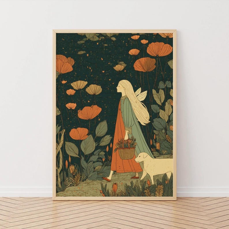 May include: A framed art print featuring a whimsical illustration. A figure with long blonde hair and wings walks through a garden with a dog, carrying a basket. The artwork has a dark green background with orange flowers and green foliage.