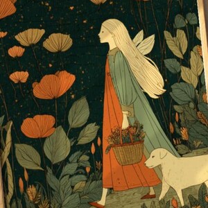 May include: Illustration of a person with long blonde hair and a flowing green and orange dress, carrying a basket of flowers, walking with a white dog. The background features orange flowers and green foliage.