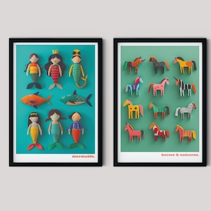 Coppia di stampe - Tema Sirene e Unicorni, Offerta 2 stampe, Set di poster per la camera da letto di una bambina, Stampa scontata "Sotto il mare", Arte con creature magiche