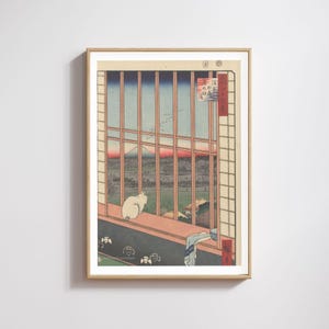 Japanese Cat Art Print: Utagawa Hiroshige Woodcut, Mount Fuji View