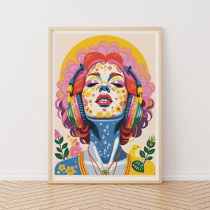 Stampa artistica di ragazza funky con cuffie, illustrazione di DJ, poster pop art con volto di fiore, arte glamour, poster per amanti della musica, stampa per ragazze adolescenti, decorazioni per adolescenti