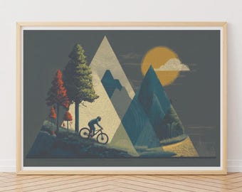 Pode incluir: Uma impressão artística emoldurada com uma cena de mountain bike. A obra de arte retrata um ciclista em uma mountain bike em uma trilha, com montanhas triangulares estilizadas, árvores e um sol. A paleta de cores inclui tons de azul, verde e amarelo.