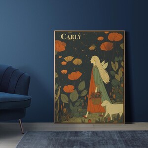 May include: A framed art print featuring a woman with long blonde hair and fairy wings, walking with a dog through a field of orange and yellow flowers. The print has the name "CARLY" at the top.
