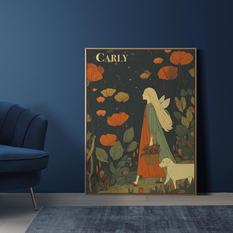 May include: A framed art print featuring a woman with long blonde hair and fairy wings, walking with a dog through a field of orange and yellow flowers. The print has the name "CARLY" at the top.