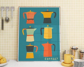 Impresión de cocina moderna de mediados de siglo, arte retro de café