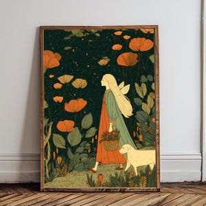 May include: A framed art print depicts a fairy-like figure with long blonde hair and wings, walking with a dog through a field of orange flowers. The figure wears a red dress and green cloak, carrying a basket. The artwork has a vintage, storybook aesthetic.