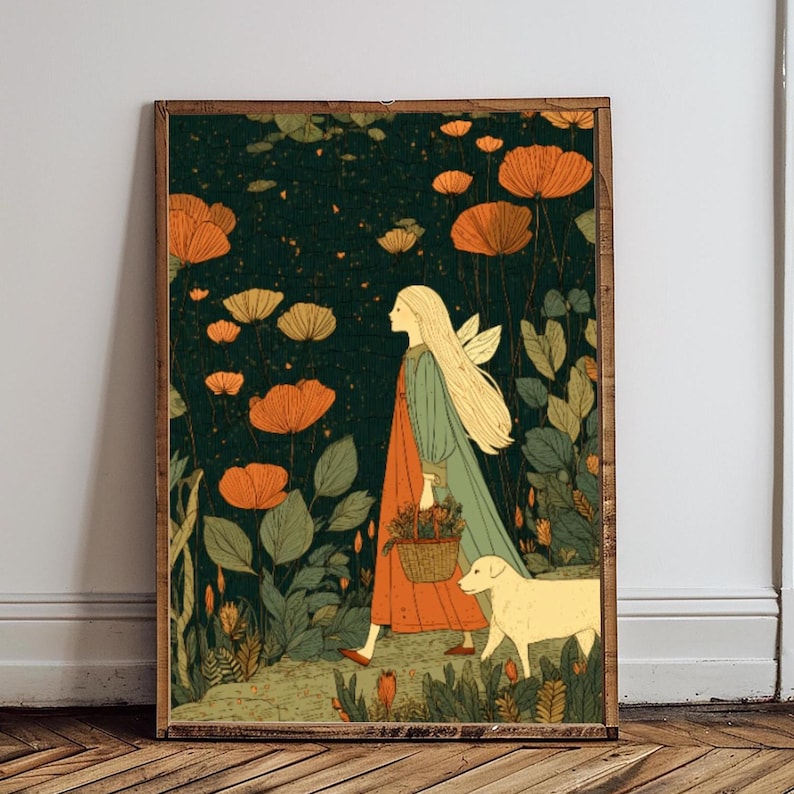 May include: A framed art print depicts a fairy-like figure with long blonde hair and wings, walking with a dog through a field of orange flowers. The figure wears a red dress and green cloak, carrying a basket. The artwork has a vintage, storybook aesthetic.